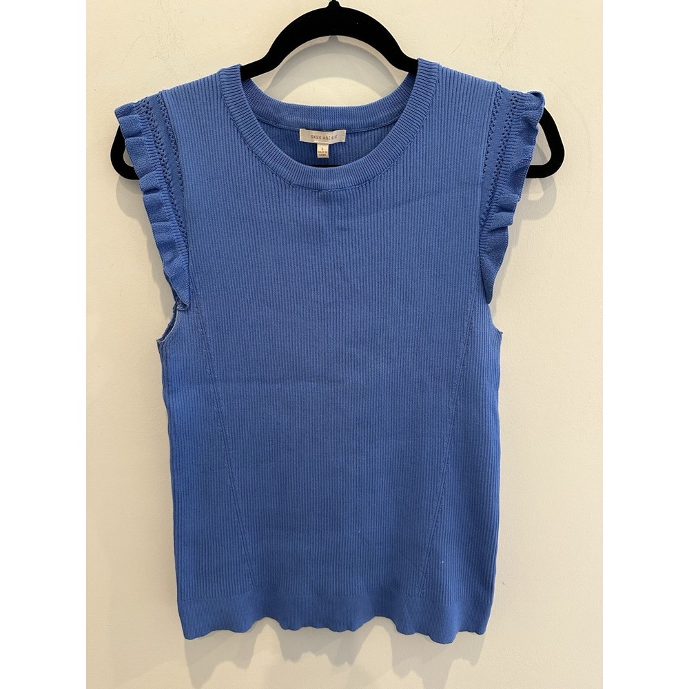 Skies Are Blue Womens Blue Knit Cap Sleeve Lace Detail Top Size L - Picture 1 of 5